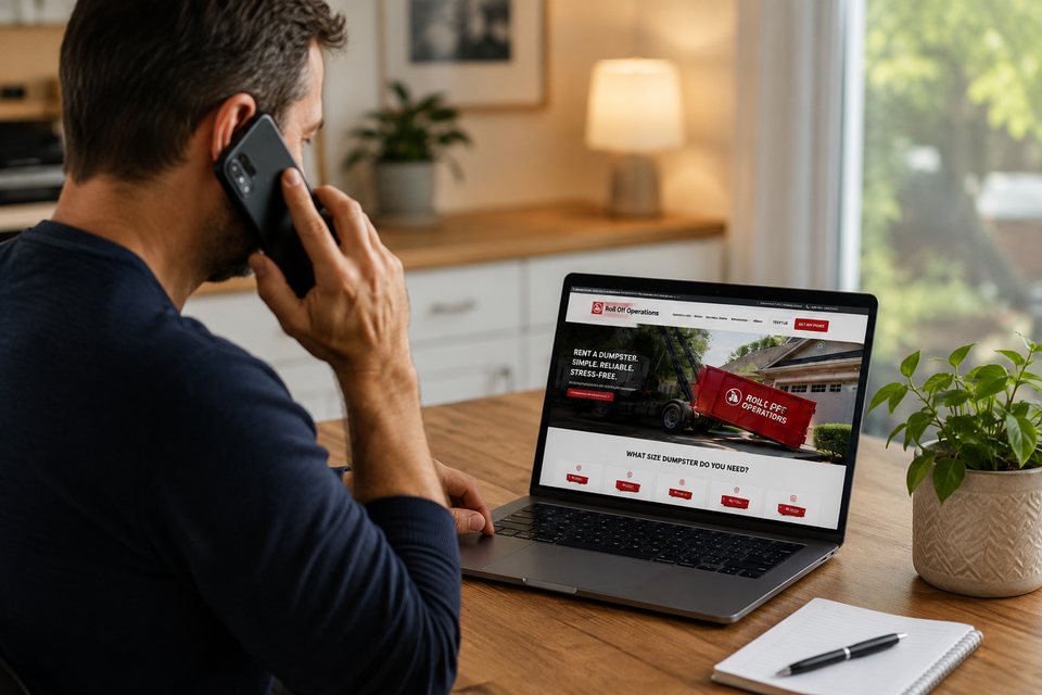 Customer calling Roll Off Operations while viewing the dumpster rental website on a laptop